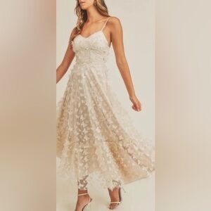 3D Butterfly Ivory Spaghetti-Strap Midi Dress